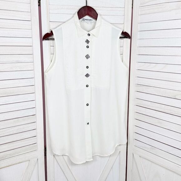 Vintage 80s Renaissance Pleated Sleeveless White Button Up Blouse White Medium - Picture 6 of 11